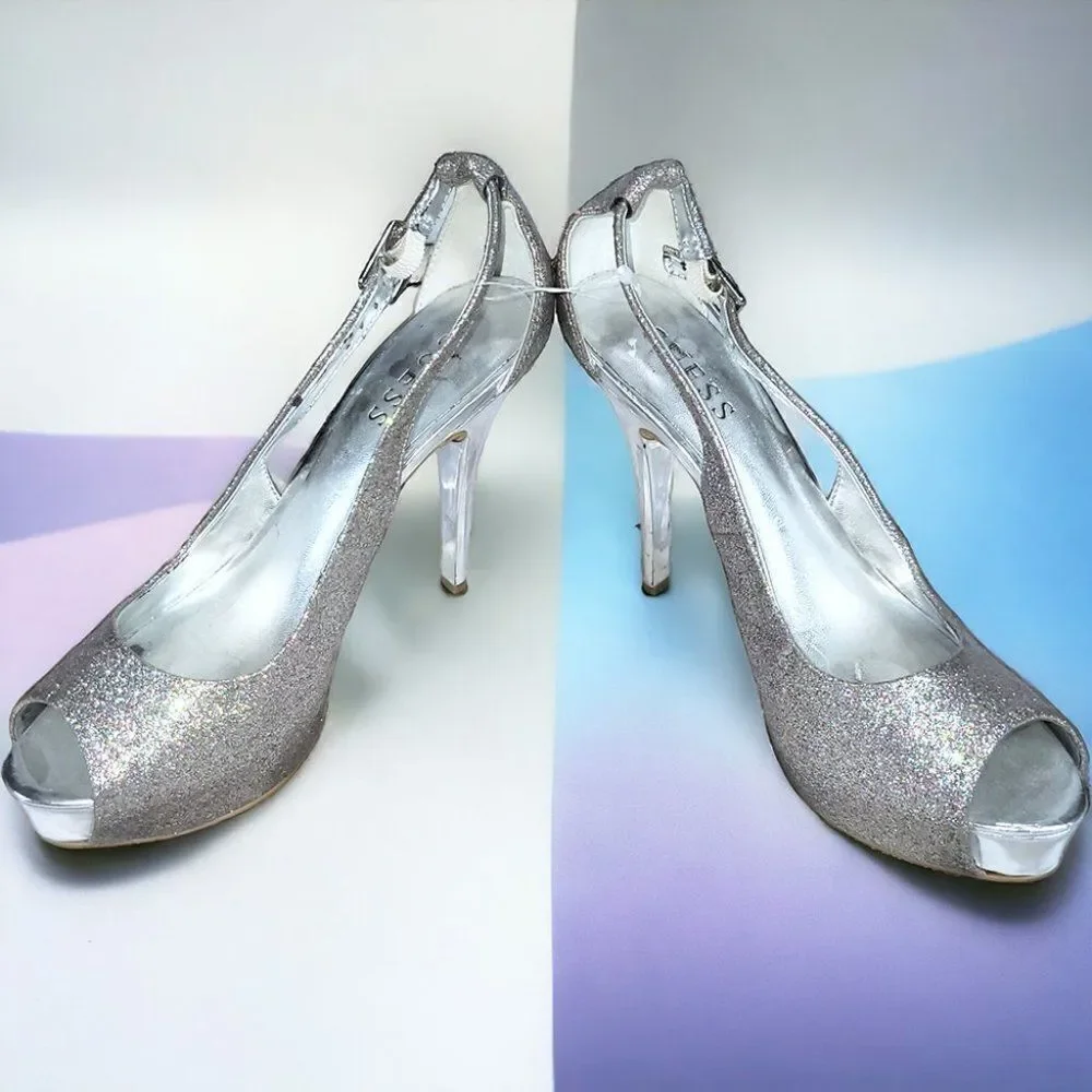 Guess rainbow silver glitter encrusted peep-toe stiletto heels